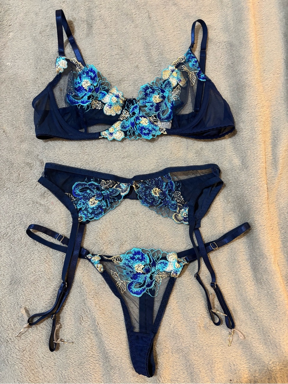 Navy Blue Floral Embroidered Lingerie Set - Women Intimates